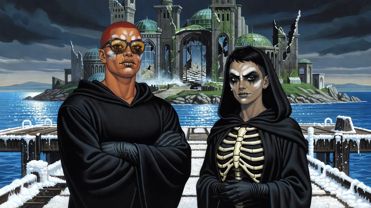 Two young women in black robes, one red-haired in mirrored sunglasses and one black-haired with a painted skull face, stand apart on a salt-crusted dock before a white palace on the sea.