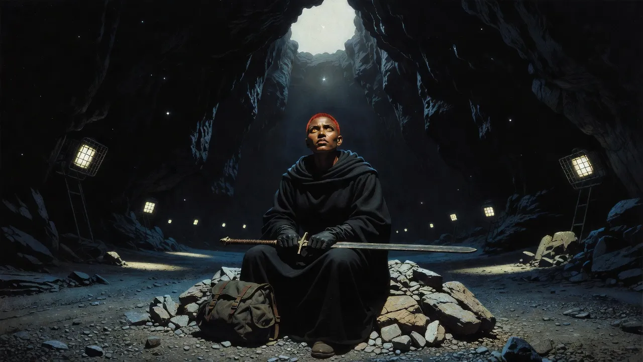A red-haired young woman in a black robe sits on a rubble heap in a vast dark cave-pit under floodlights, a pack and a sheathed sword beside her.