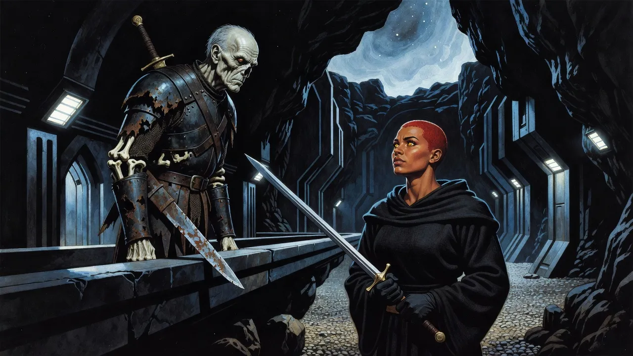 A towering one-eyed old man in rotting armour glares down from a rock ledge at a red-haired young woman holding up her sheathed sword.