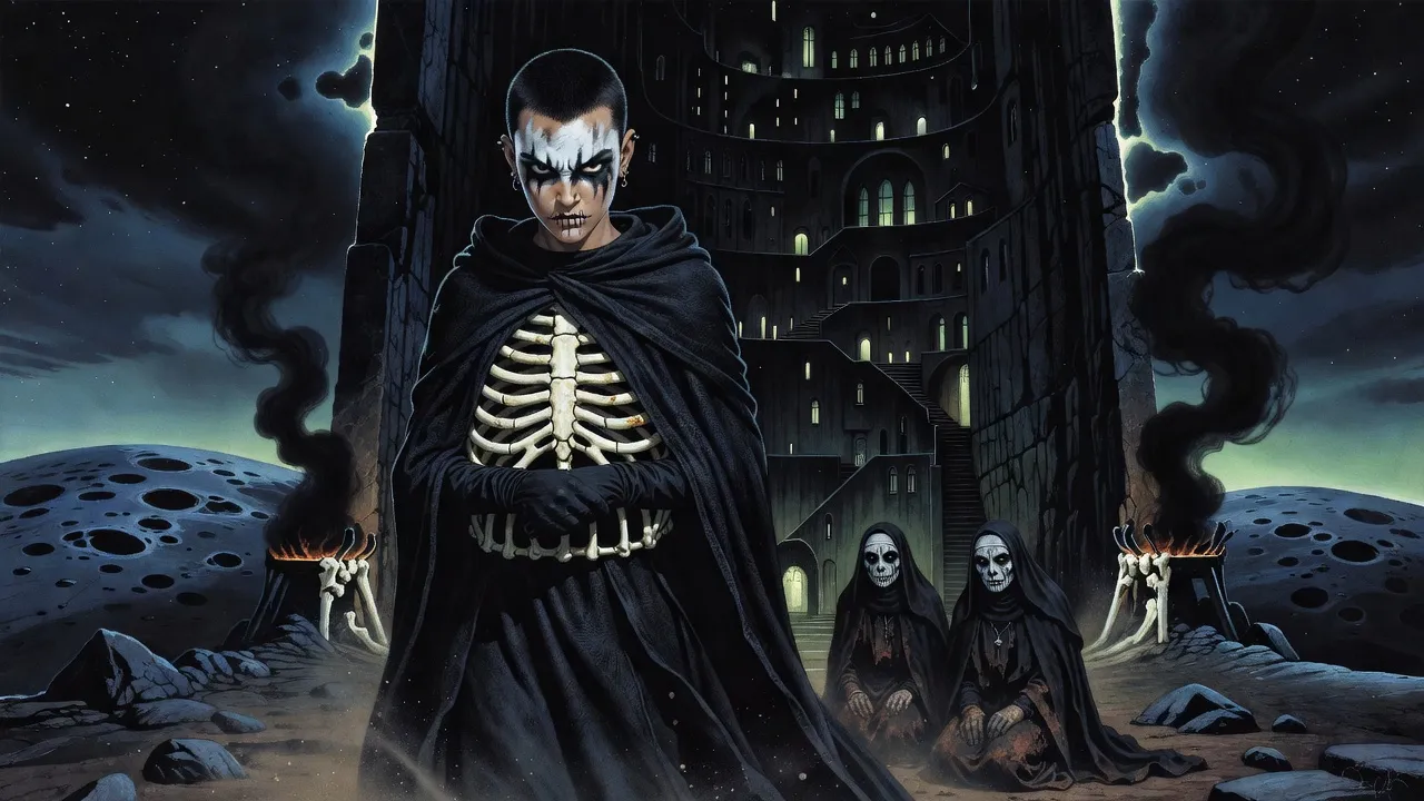 A thin black-haired young woman in ornate black robes and a skull-painted face stands at a shaft mouth with kneeling painted nuns behind her.