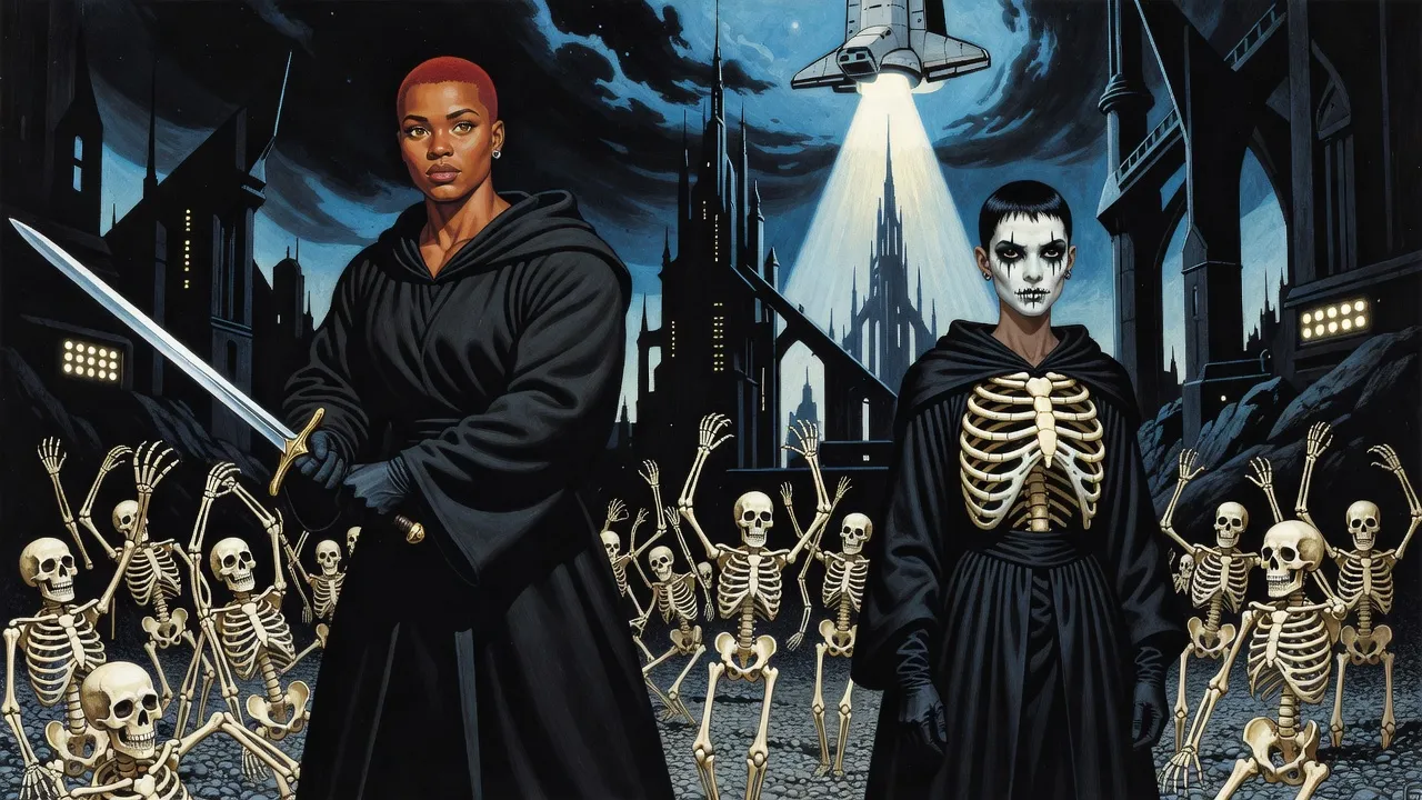 Dozens of skeletons rise out of a dark gravel floor around a red-haired young woman holding a sword at the ready, while a skull-painted necromancer stands calmly beside her.