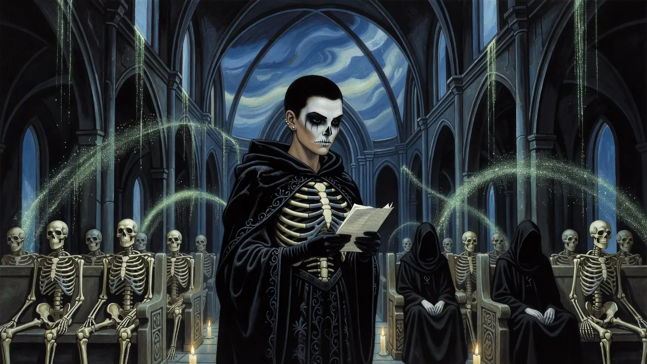 A long dark church with green glittering dust falling from its arches, skeletons in the pews, a painted young woman reading at the front beside two still hooded figures.