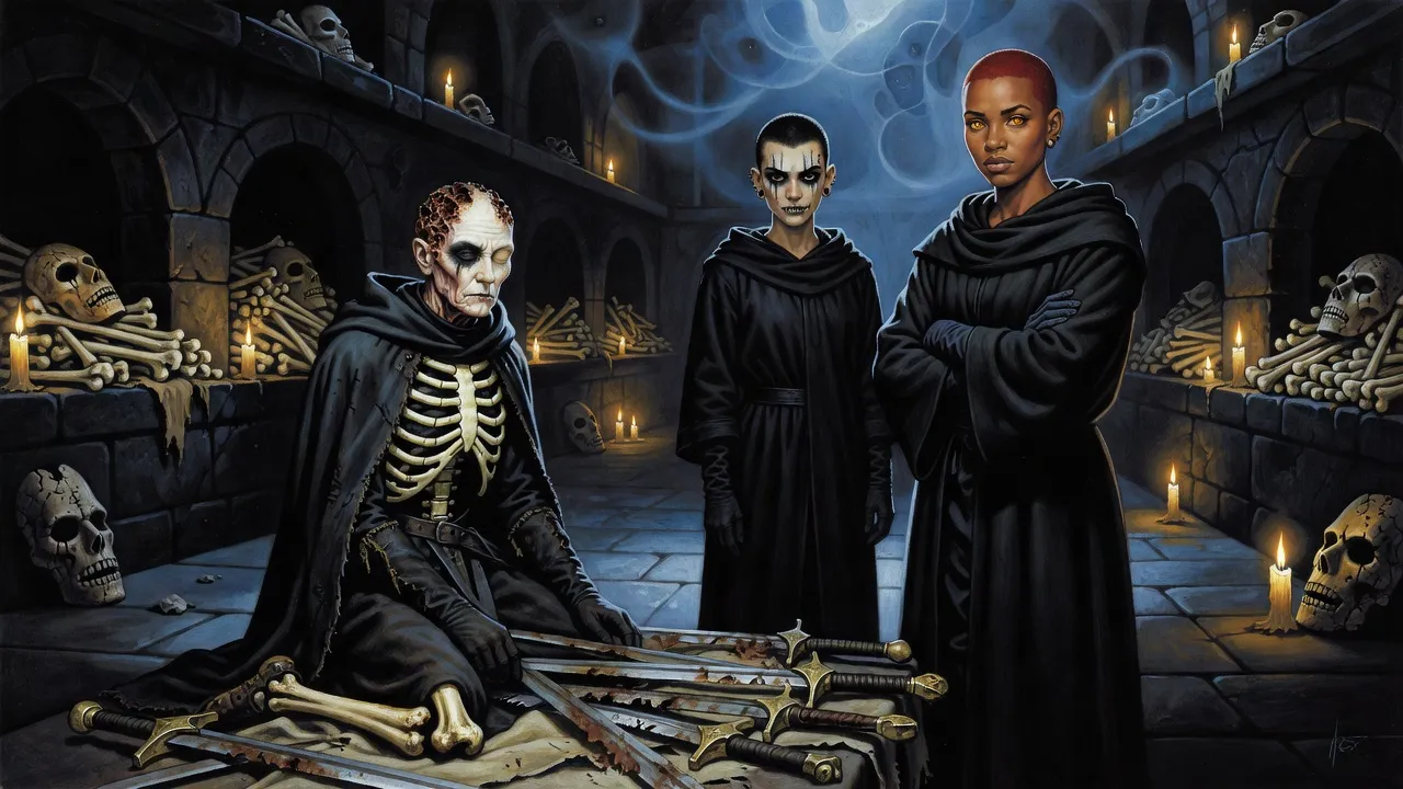 In a long catacomb of bone-filled niches, an old scarred woman sorts piles of ancient swords while a black-robed young woman faces a red-haired one.