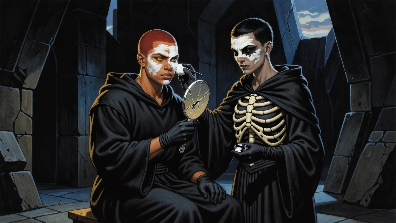 A thin black-haired young woman in a painted skull face daubs white greasepaint on a red-haired young woman holding a cracked hand mirror.