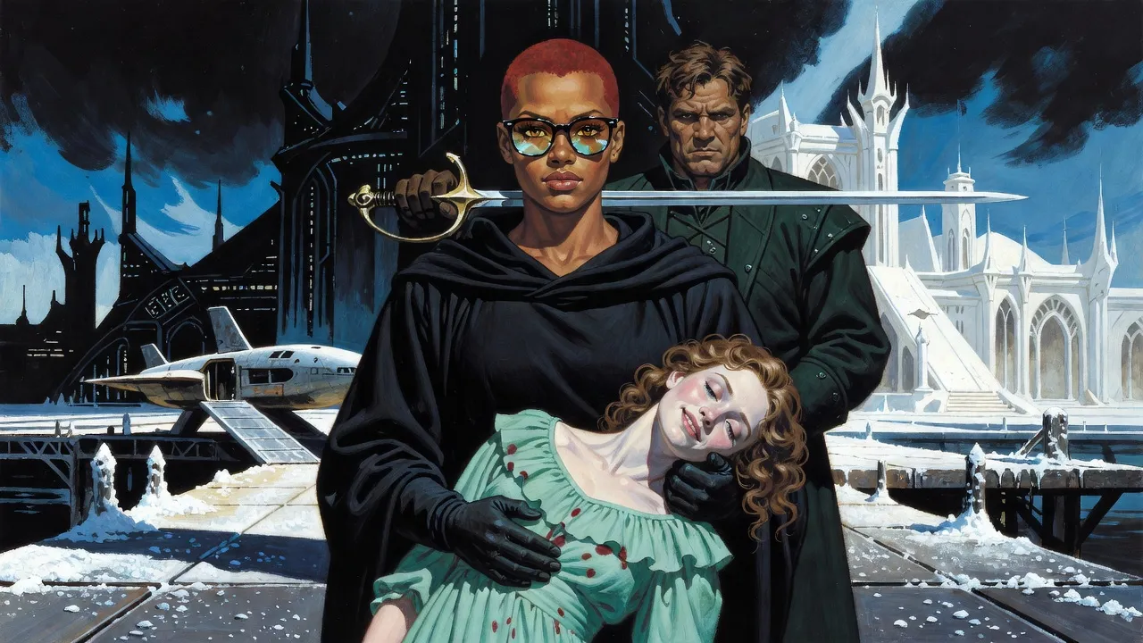 A broad-shouldered young woman in black robes and mirrored sunglasses holds up a fainting woman in pale green frills while a huge man levels a sword behind her.