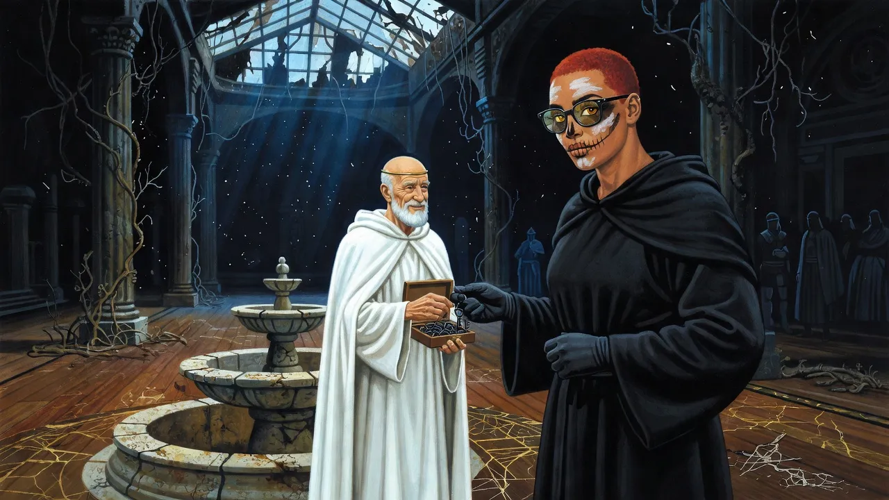 A small bald old priest in white hands an iron ring of keys to a black-robed young woman in a vast decaying atrium with a broken glass roof.