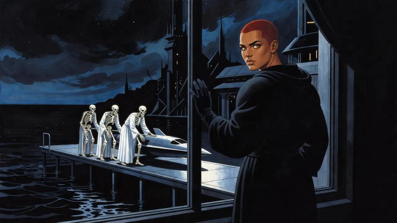 At night, robed skeletons push a small shuttle off the edge of a long metal dock into a dark sea, seen from a low window.