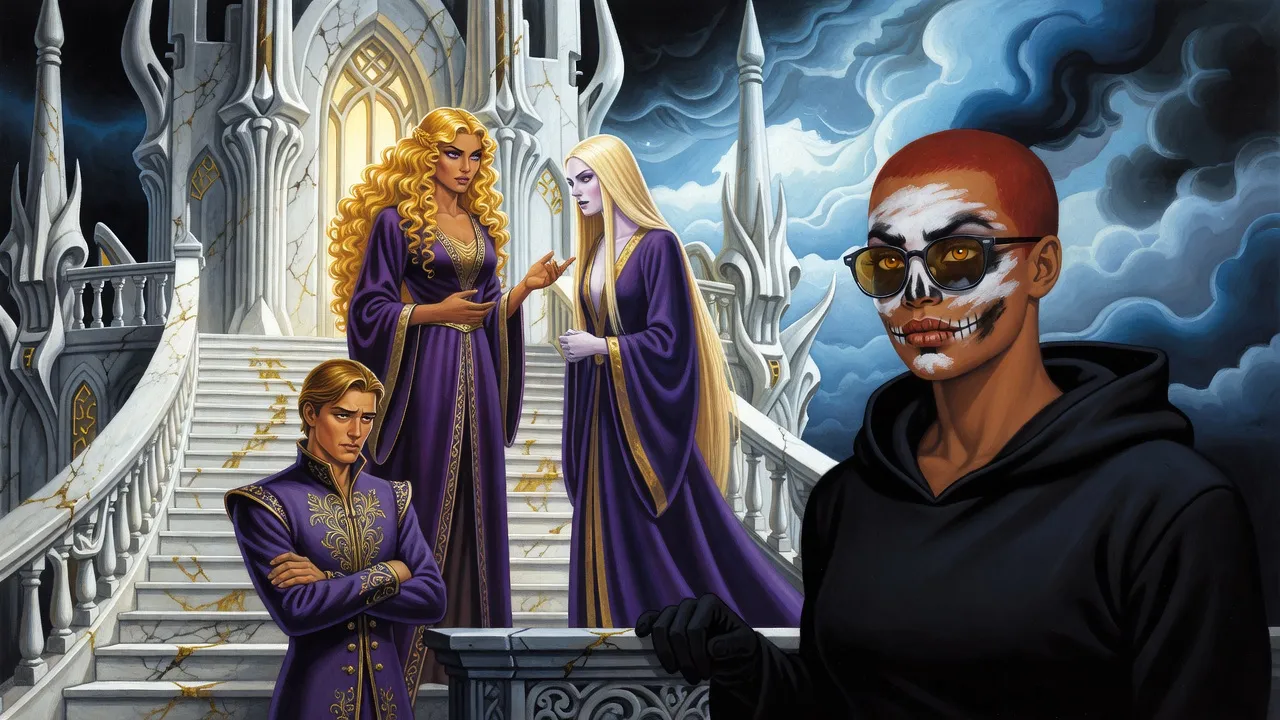 Two blonde young women in violet robes and a sulky young man in a buttoned violet coat stand on a stair, while a black-robed figure hides in shadow below.