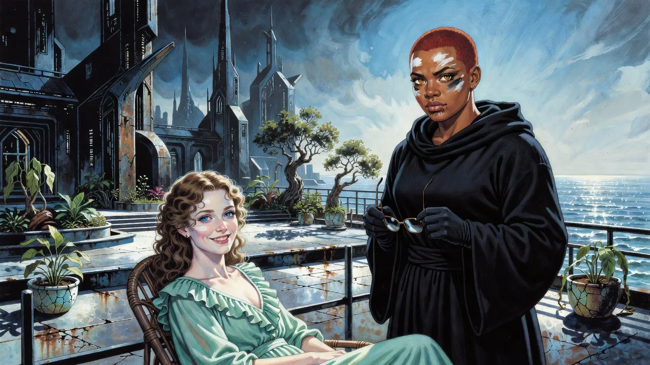 A frail pale woman in green frills smiles from a sunlit chair among salt-stunted plants at a black-robed young woman holding her sunglasses.