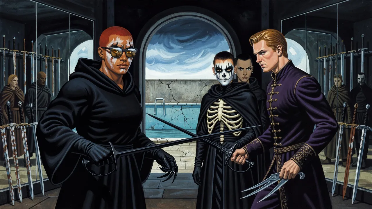 In a mirrored room beside an empty pool, a black-robed swordswoman in sunglasses faces a young man in a violet coat holding a rapier and a three-bladed knife.