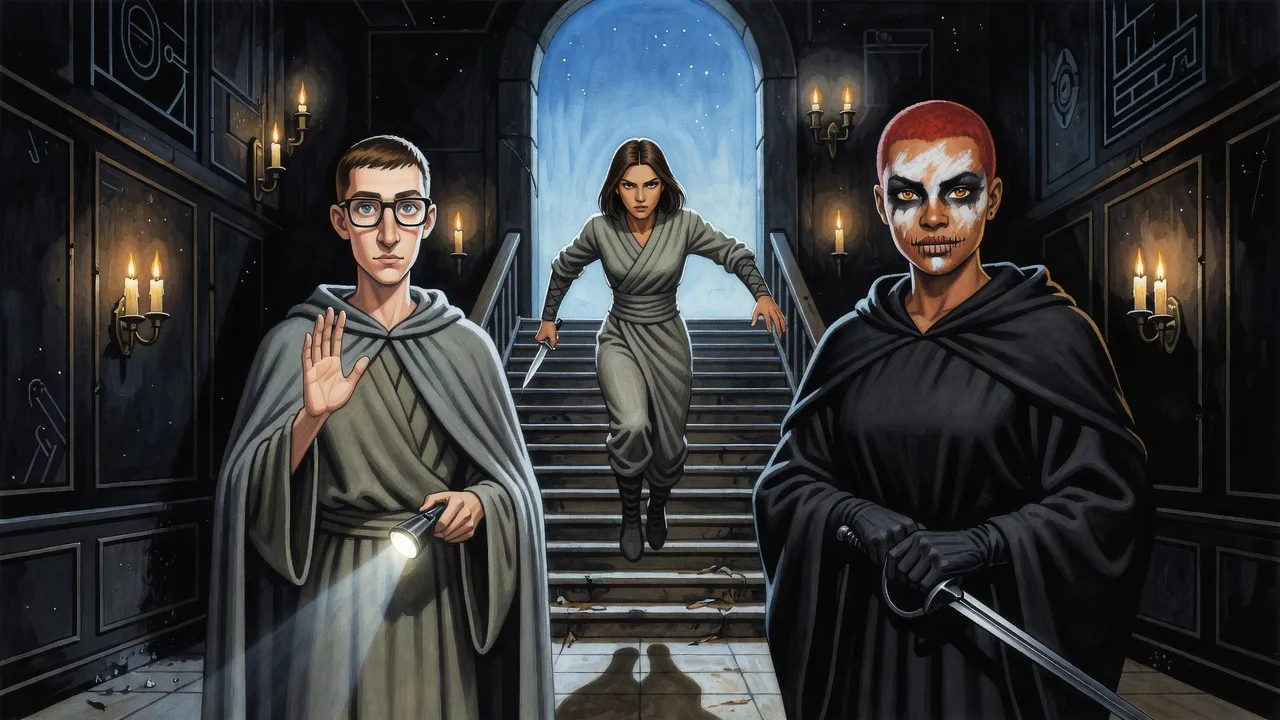 In a candlelit lobby a tall grey-robed young woman vaults down a staircase with a knife while a bespectacled young man holds up a torch.
