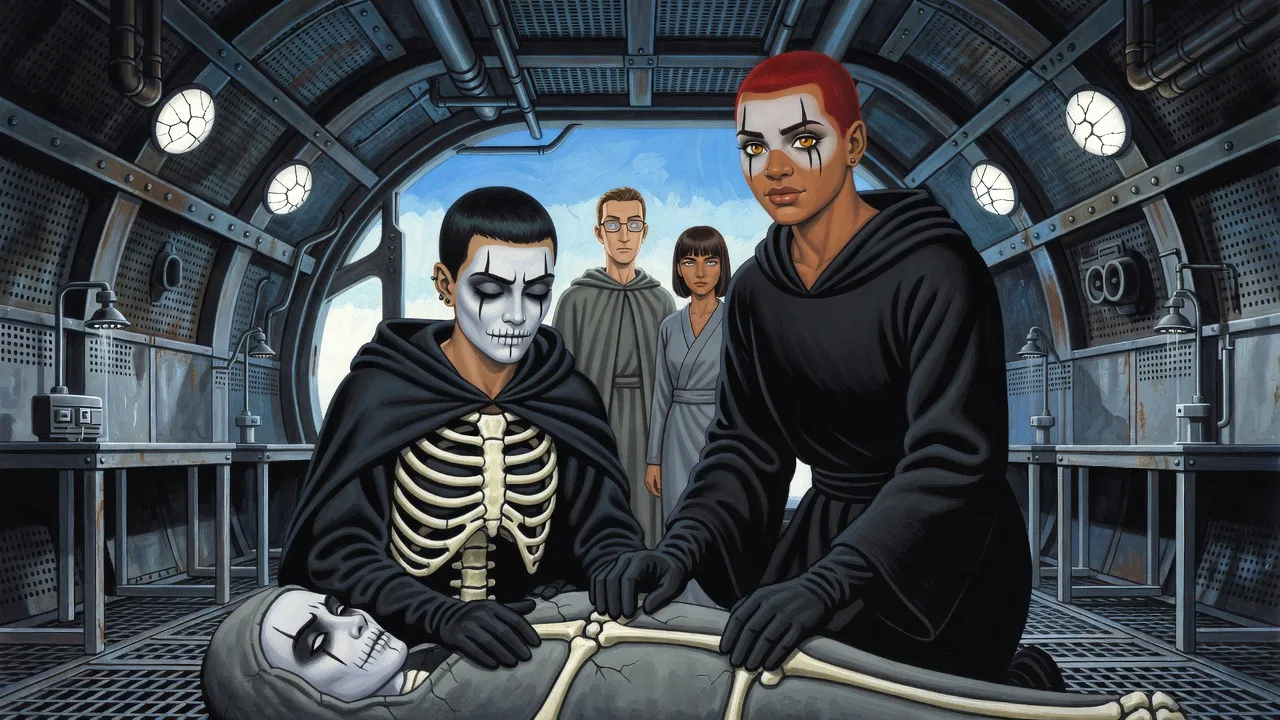 In a low maze of steel cubicles, a black-robed young woman kneels to break open a grey cocoon of bone with a pale face inside.