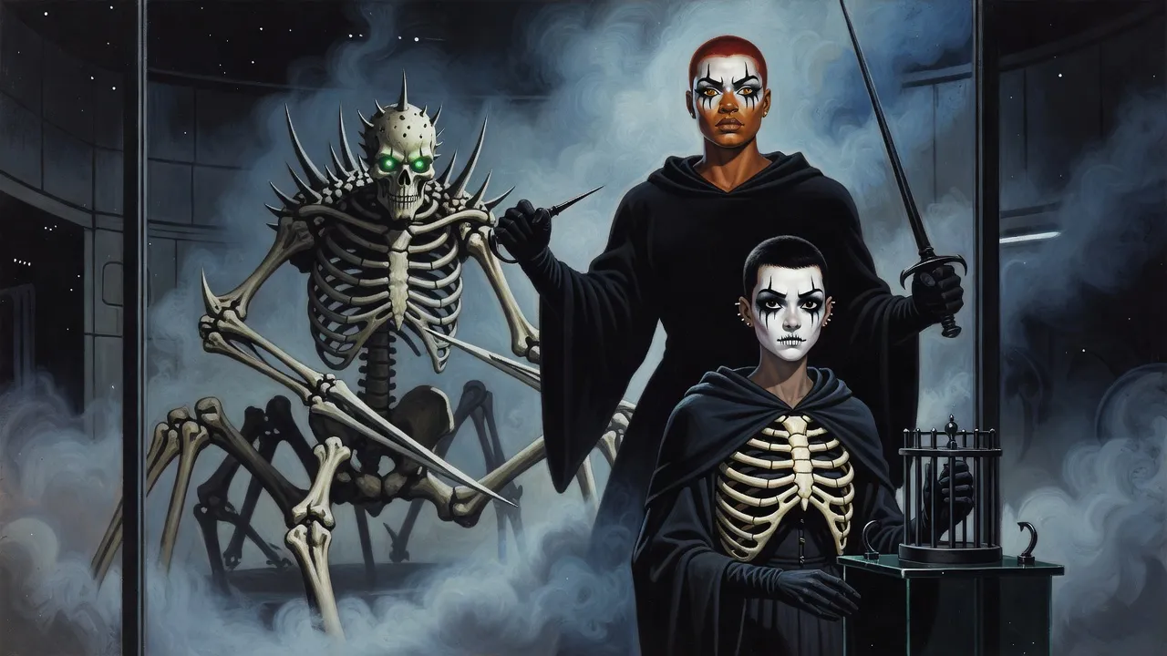 Through a glass wall, a swordswoman in black faces a towering bone construct with blade arms and two green eye-lights in a fog-filled chamber.
