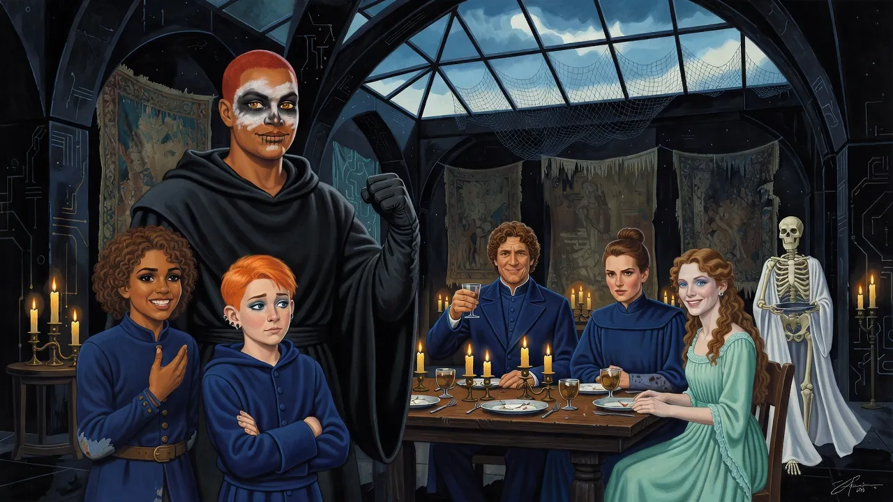 Around a long candlelit table, a cheerful man raises a glass while a black-robed young woman flexes her arm for a laughing teenage girl.