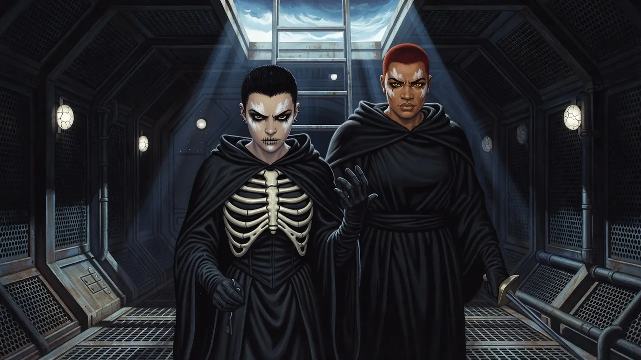 Two young women in black stand frozen at the foot of a metal ladder in a dim tunnel, one holding a key, both looking down at something unseen.