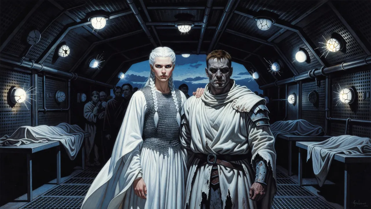 In a dim tunnel, a pale white-haired youth grips the shoulder of a brawny man whose face is draining grey, while others in nightclothes look on.