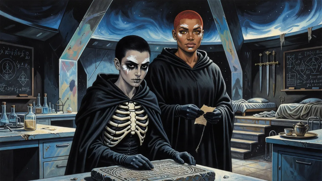 In a dusty sealed study with lab benches, chalk diagrams and two rapiers on a rack, a black-haired young woman bends over a stone tablet while her companion looks on.