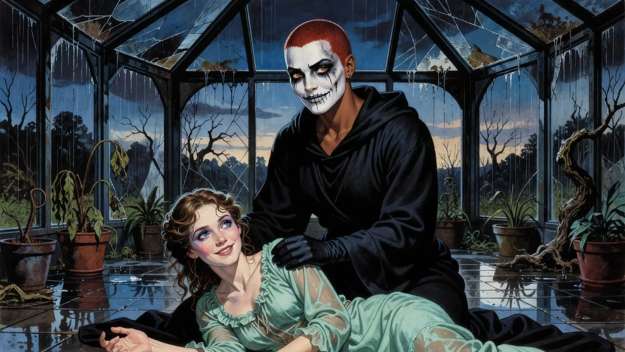 On a rain-soaked metal terrace among stunted plants, a black-robed young woman kneels to lift a frail woman in green frills.