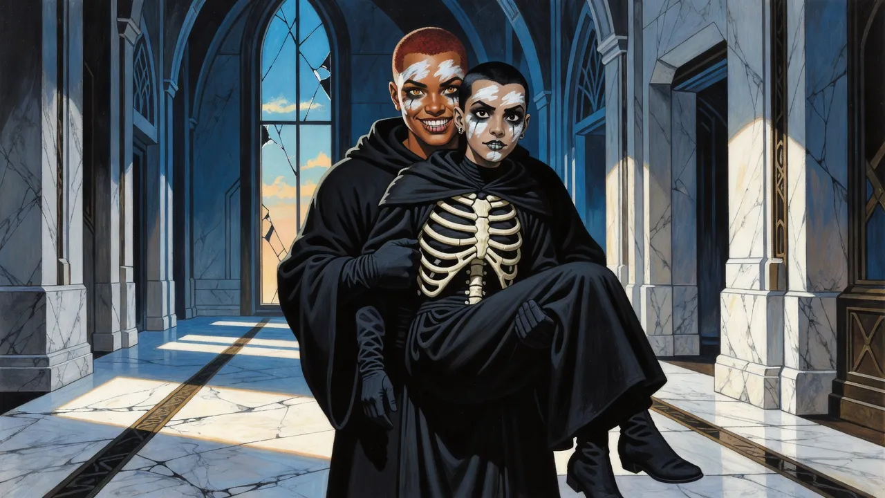 In a stone corridor a tall red-haired young woman lifts a smaller black-haired one off her feet in a hug; the smaller one looks stunned.