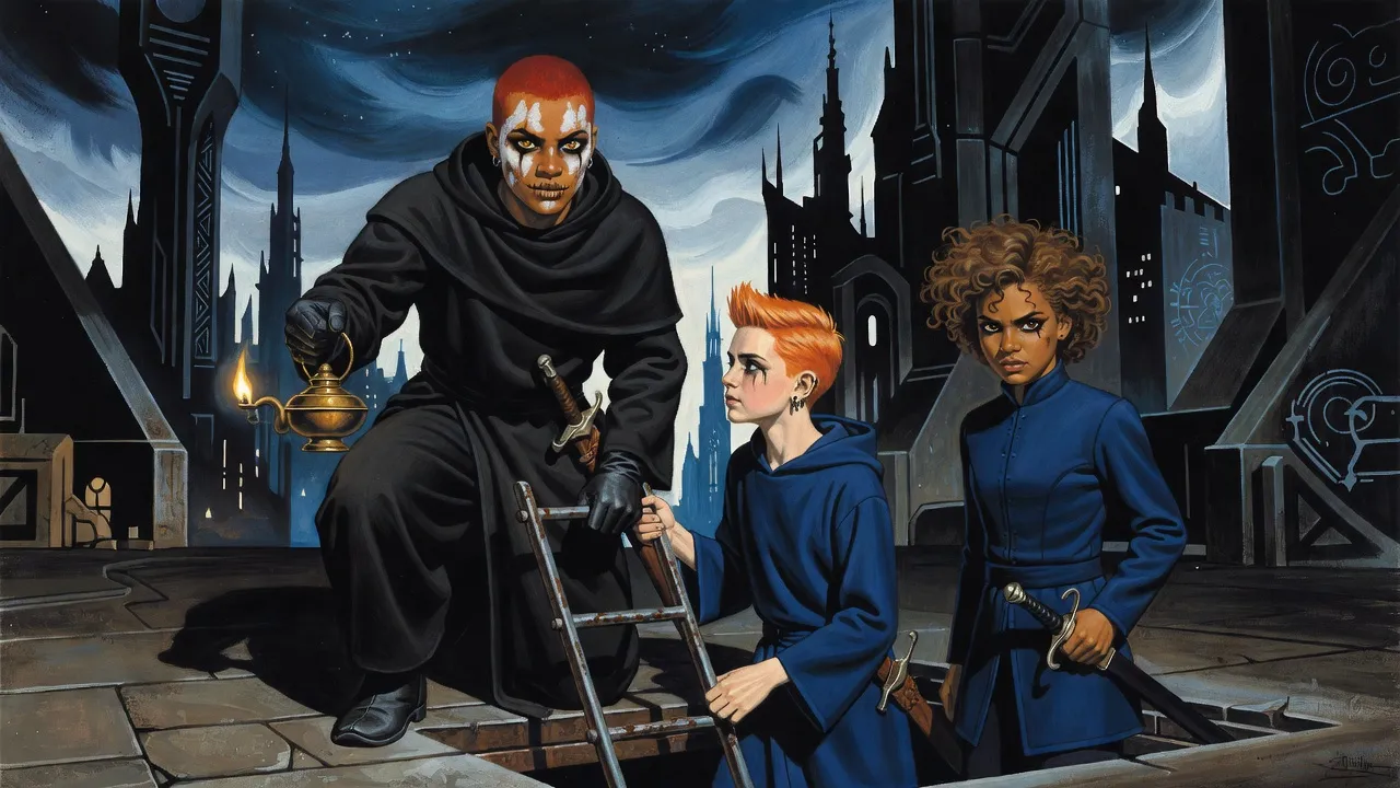 A black-robed swordswoman holds a lamp at the top of a metal ladder as a teenage boy and girl in navy start down into a dark tunnel.