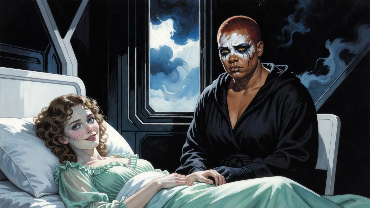 A pale woman with fawn curls lies in a narrow bed holding the hand of a grieving red-haired young woman seated beside her.