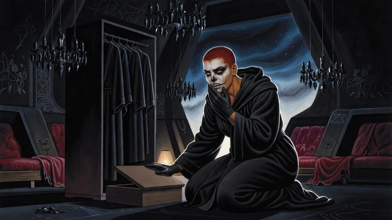 A red-haired young woman in black kneels frozen before an open wooden box at the bottom of a dark wardrobe hung with black robes.