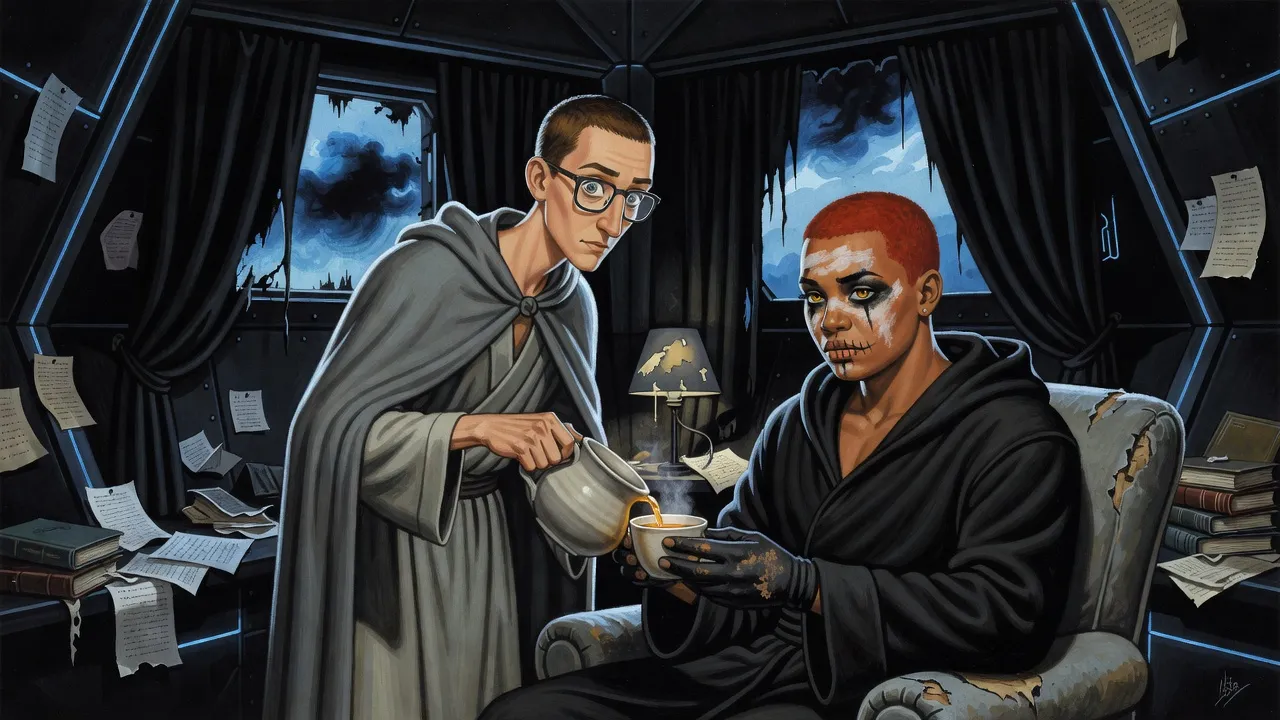 In a curtained room drifted with papers, a bespectacled young man in grey pours tea for an exhausted red-haired young woman.