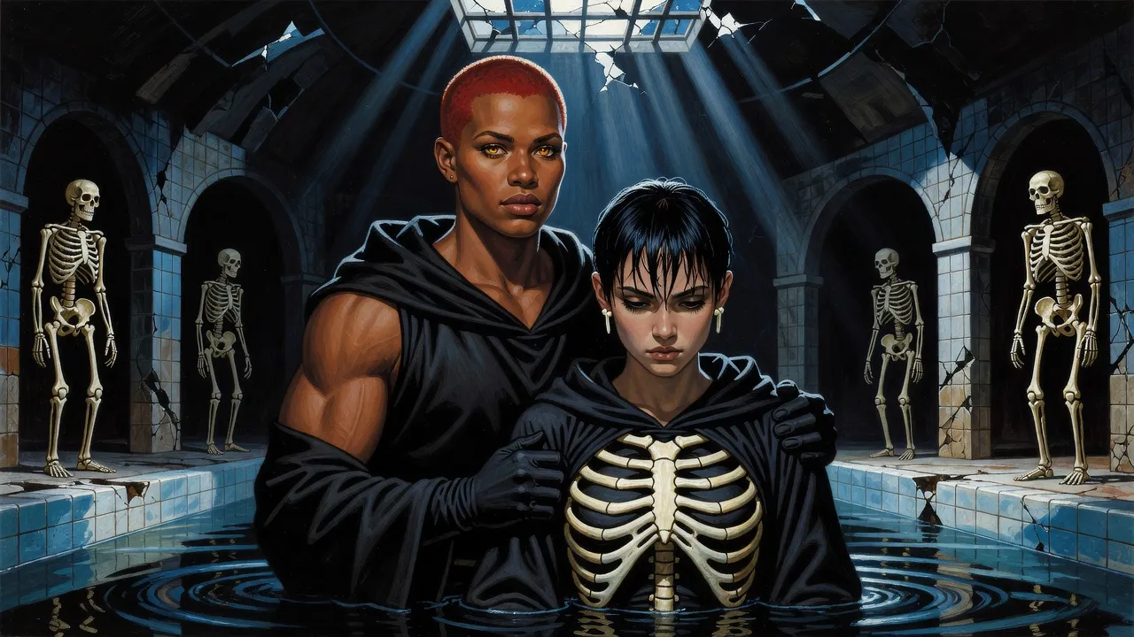 At night two young women stand shoulder-deep in a pool, one holding the other, while upright skeletons stand guard at the doorways.