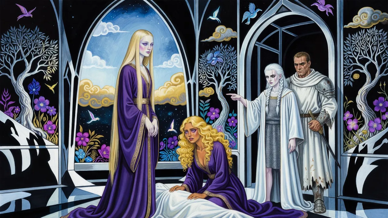 In a study painted with white trees and golden clouds, a pale blonde woman with strange shifting eyes stands over her kneeling twin and a covered body.