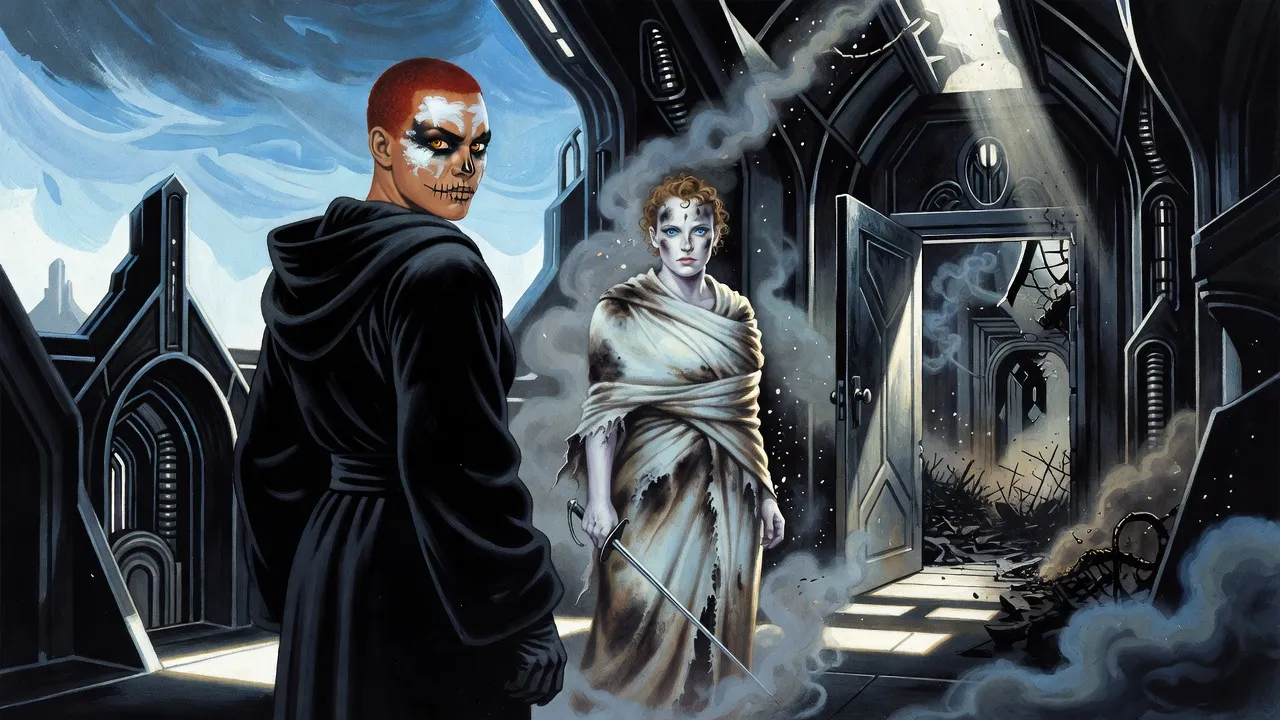 A scorched woman wrapped in a pale sheet walks out of a smoking, wrecked room toward a stunned red-haired young woman in black.