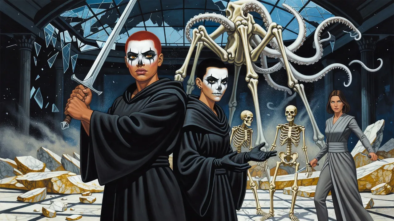 A red-haired swordswoman with a two-handed sword and a black-robed necromancer raising skeletons face a towering spider-legged construct of bone.