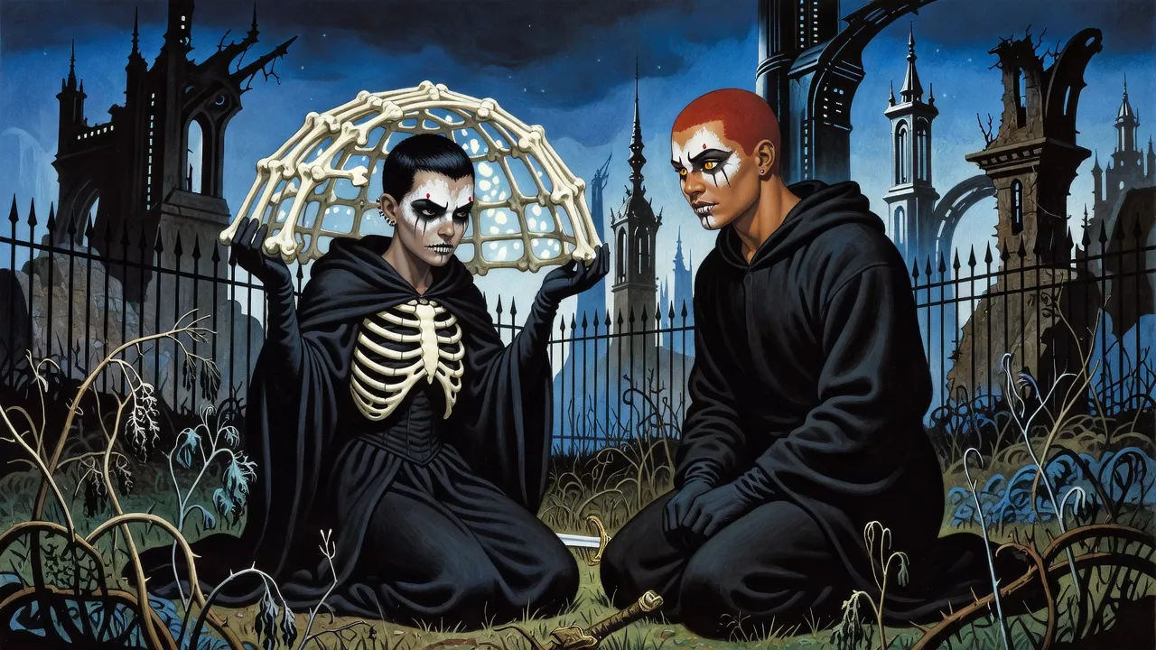 Under a dome of interlaced bone in a ruined garden, a red-haired young woman kneels face to face with an exhausted black-haired necromancer.