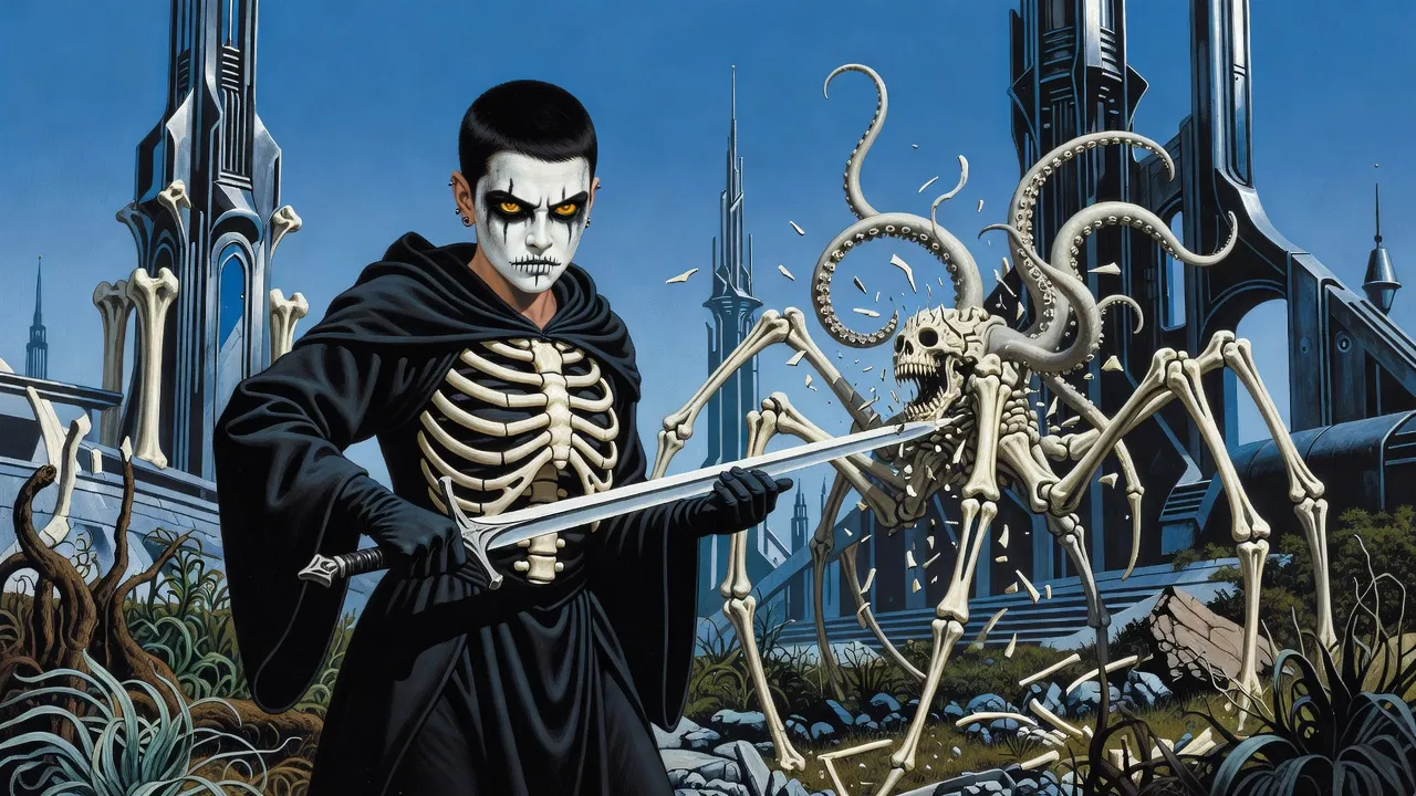 A black-haired young woman with blazing gold eyes swings a heavy two-handed sword at a towering bone construct in a ruined garden.