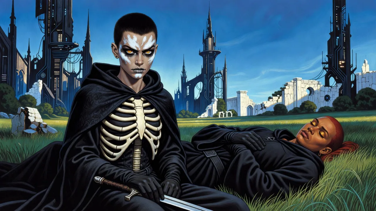 A black-haired young woman sits in long grass under a blue sky beside a still figure in a black robe, a two-handed sword across her knees.