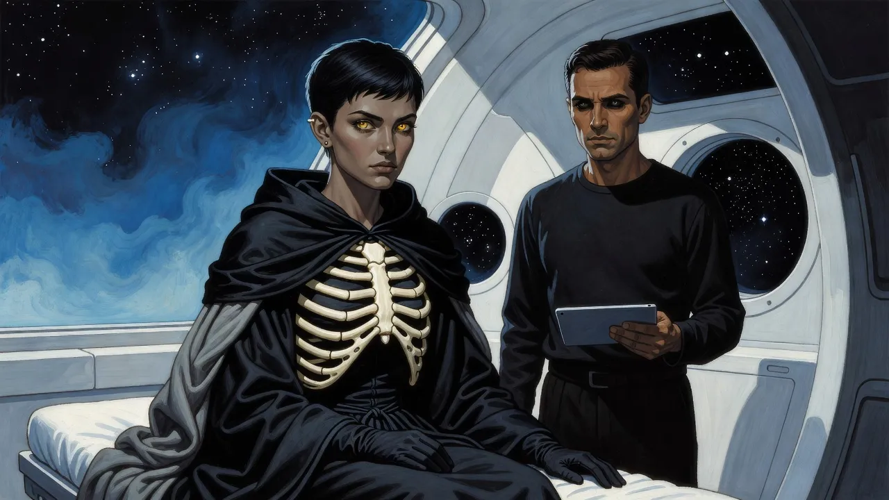 In a bare white ship’s cabin, a pale young woman in a blanket sits on a gurney looking up at an ordinary-looking man with black eyes.