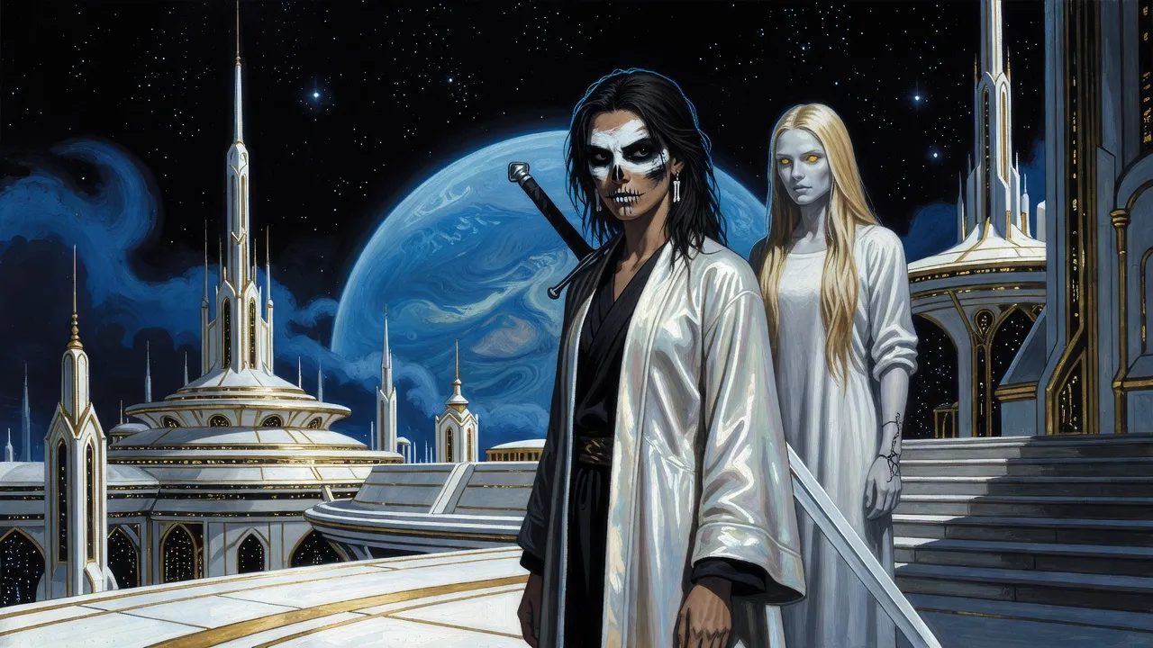 A thin young woman in a pearlescent robe stands on a white-and-gold terrace with a huge two-handed sword on her back, a pale woman in a white shift behind her, a blue gas giant beyond.