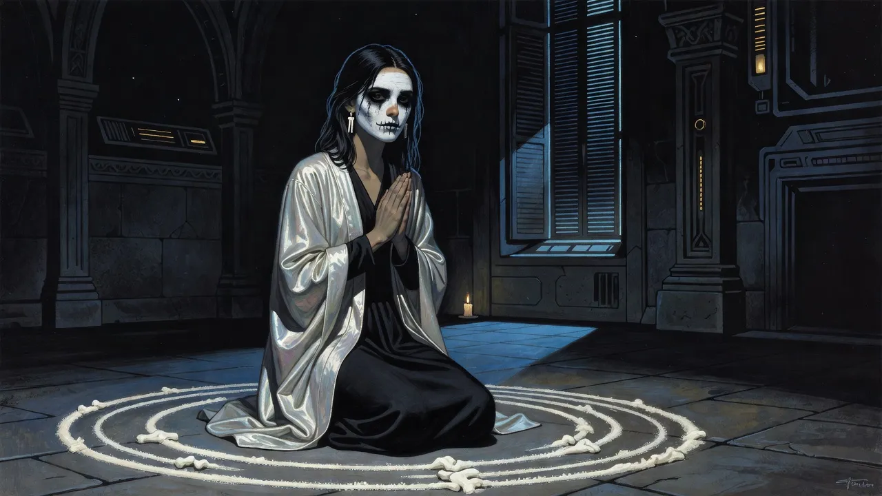 A young woman in a pearlescent robe and skull face paint kneels in prayer inside rings of ground bone in a dark room, blue light at a shuttered window.