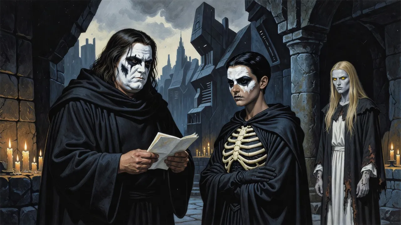 A heavy, sad-faced man in black robes reads a letter to a thin young woman in skull paint by candlelight, while a tall pale woman stands behind in the shadows.
