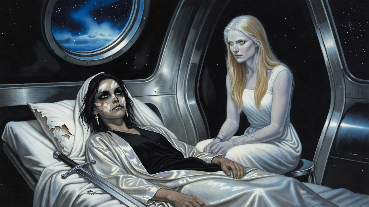 A pale young woman with cropped black hair and smeared skull paint lies in a ship’s cot, a huge two-handed sword beside her, a woman in a white shift sitting at her bedside.