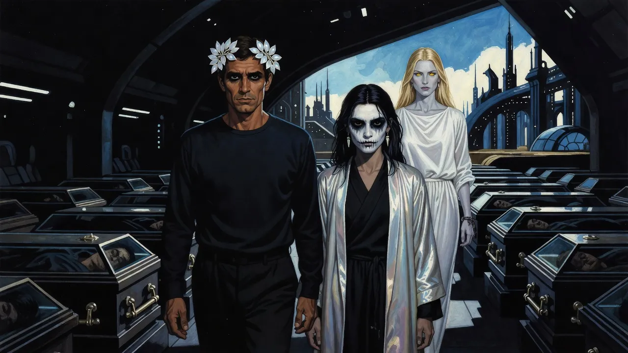 An ordinary-looking man in a dark shirt with a crown of pale leaves walks beside a thin young woman between long rows of glass-lidded caskets in a dim cargo hold.