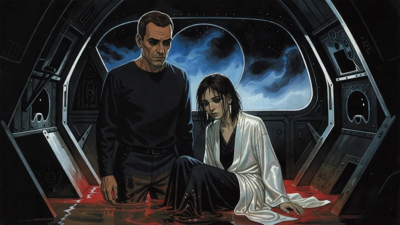 Rust-red water rises around a man’s shoes inside a shuttle cabin while a young woman in a pale robe lies slumped on the floor.