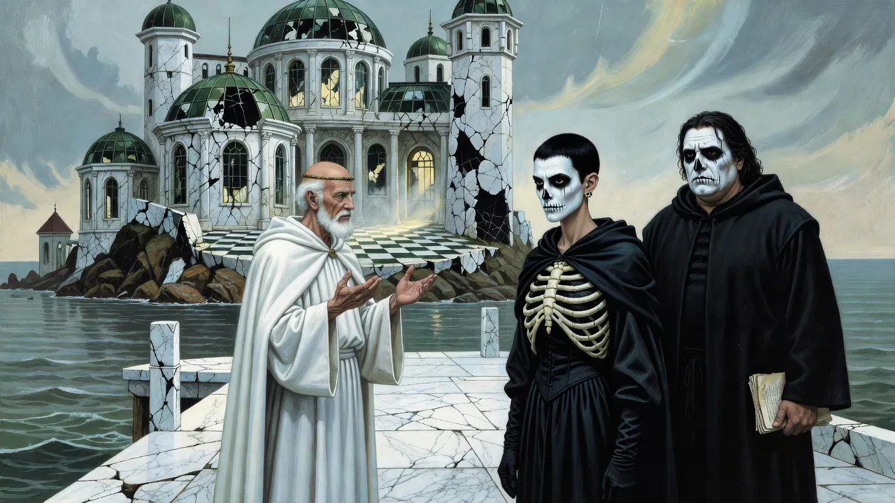 A small bald old priest in white greets a thin young woman in black and skull paint on a sunlit marble dock, a heavy man in black robes behind her.