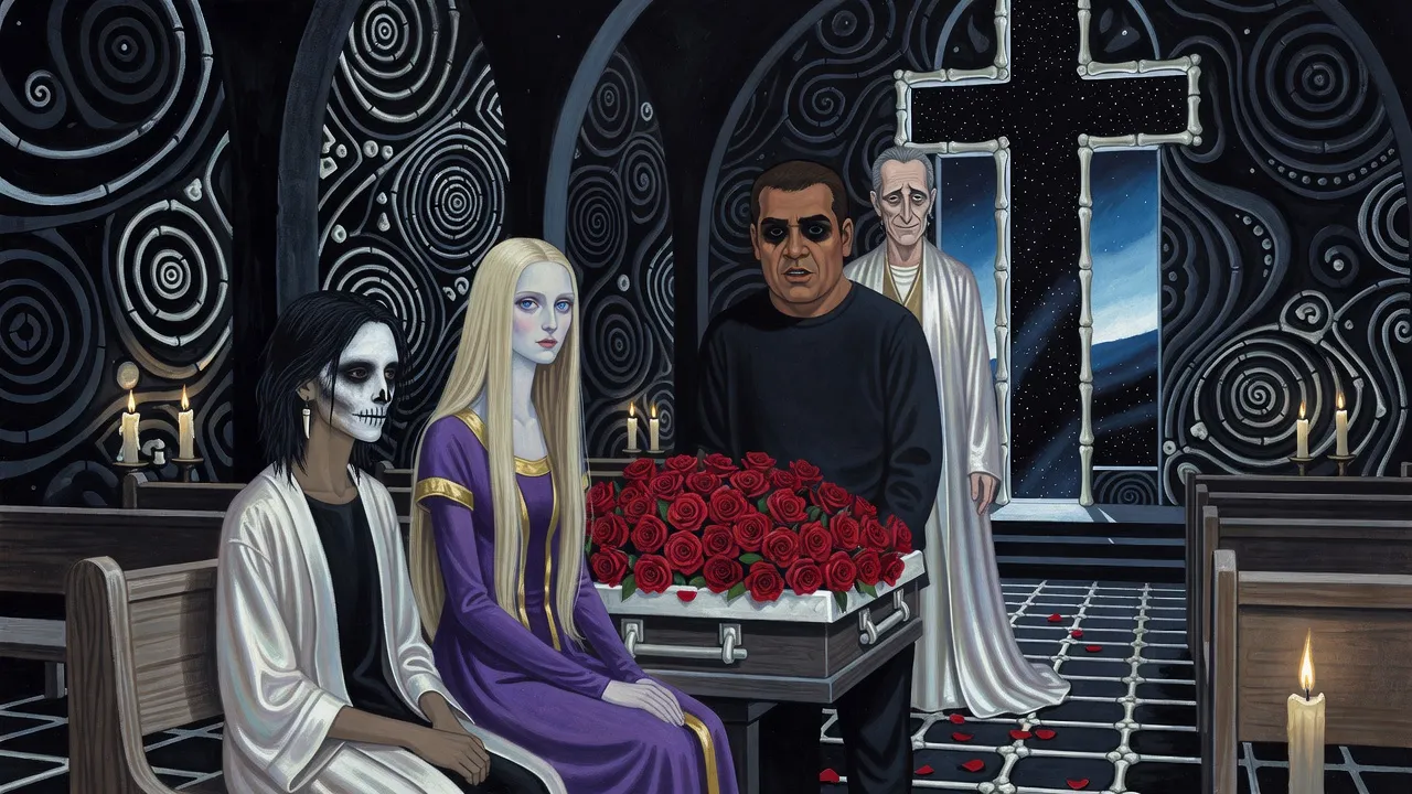 In a dark chapel walled with whorls of bone, a man stands at an open casket covered in roses while a tall grey-haired man waits behind and two young women sit in a wooden pew.