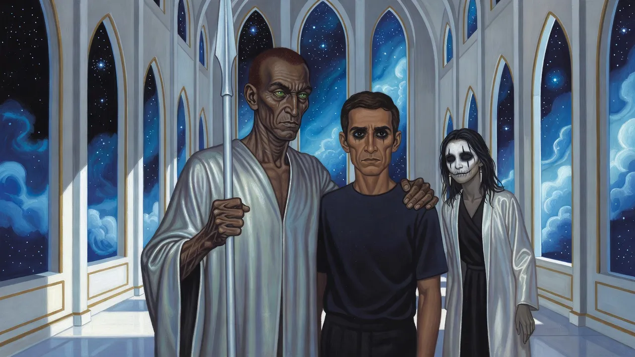 A lean scarred man with a russet-fuzzed shaven head and soft green eyes clasps the shoulder of an ordinary-looking man in a pearl-white hall, a young woman watching from behind.