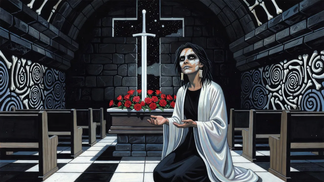 A young woman kneels with empty hands in a dark chapel at dawn, looking up at a huge sword standing upright in an open casket full of roses.