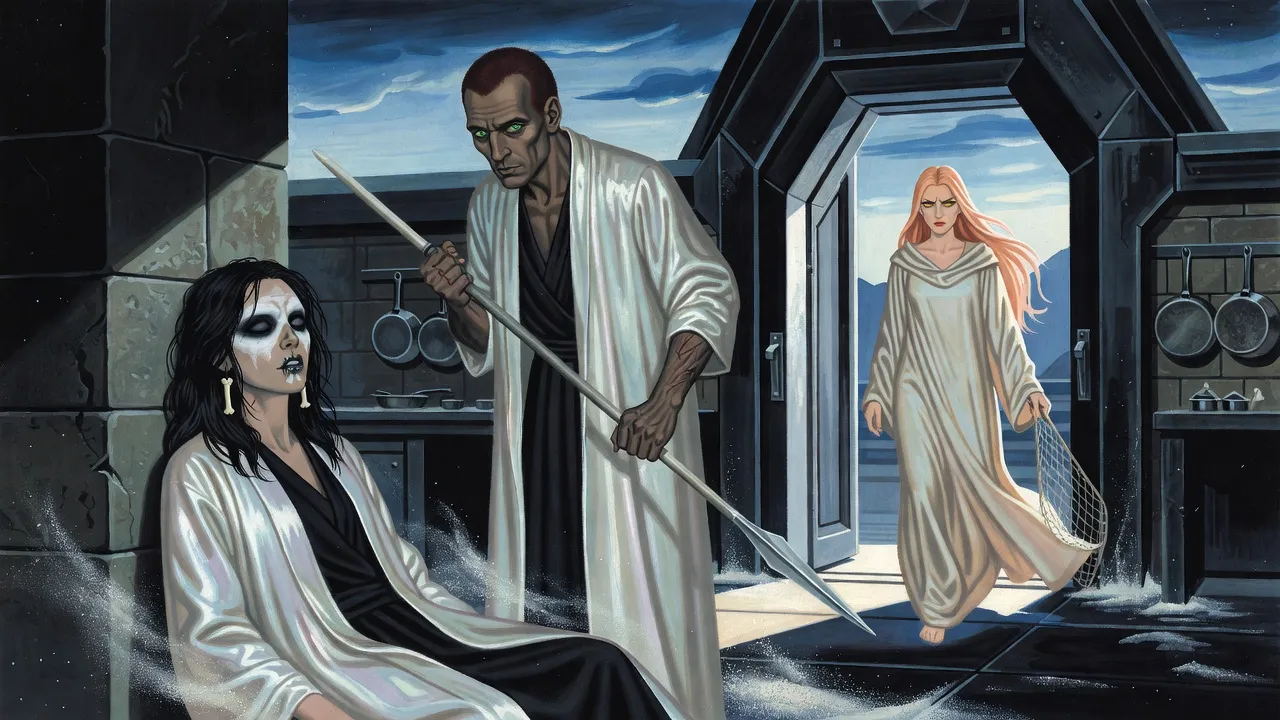 A young woman slumps against a kitchen wall amid drifts of bone dust while a lean scarred man lowers a spear and a peach-haired woman strides in through the door.