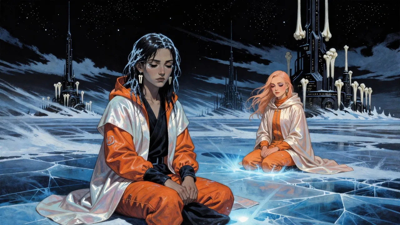 Two women in orange hazard suits sit far apart on a frozen, wind-scoured plain under a dark sky, eyes closed.
