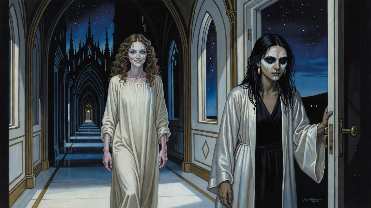 A pale woman with fawn curls and staring blue eyes walks stiff-legged down a white corridor at night toward a young woman backing into a doorway.