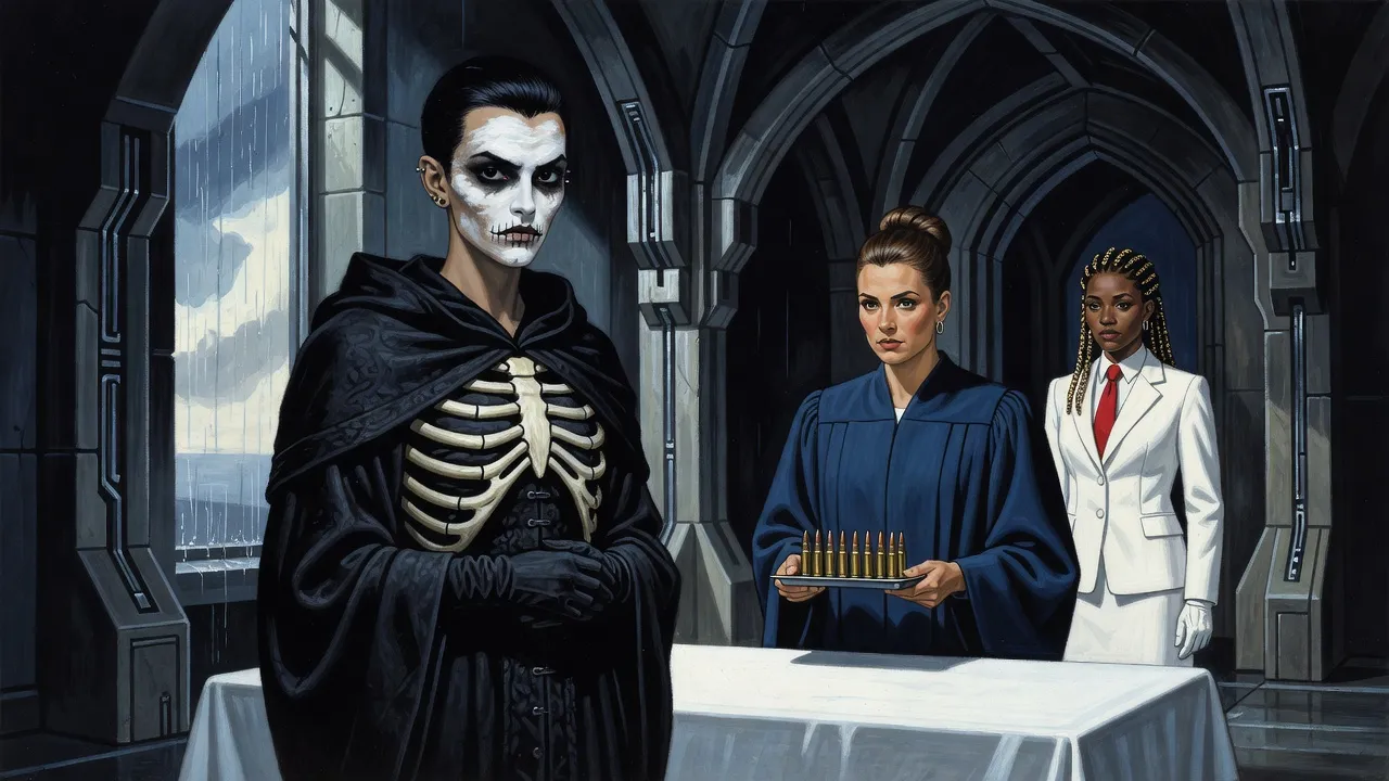 Two women stand at a sheet-covered table holding a small tray of bullets in a stone mortuary while a woman in a white uniform waits in the doorway and rain streaks the window.