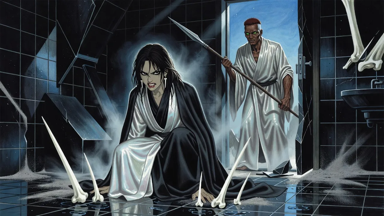 A young woman wrapped in a heavy dark robe crouches on a tiled floor beside a smashed door while a lean scarred man with a spear stands in the doorway.